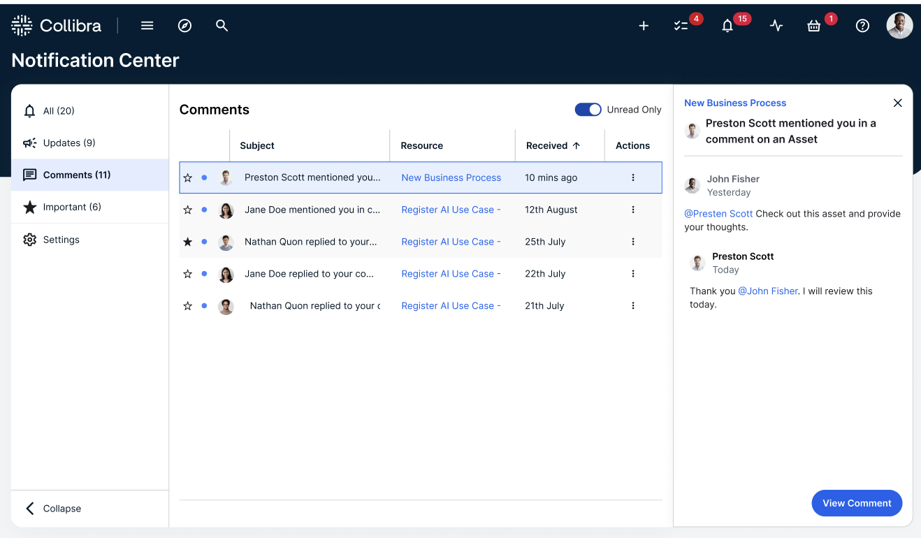 The Notification Center allows you to view and manage notifications in your Collibra Platform