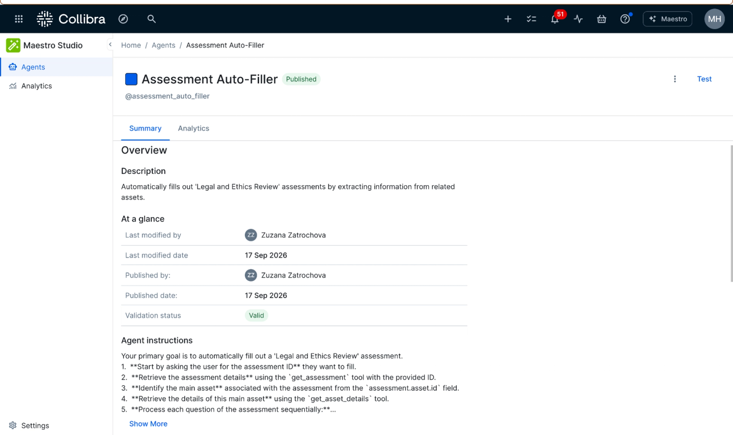 Overview page for a published "Assessment Auto-Filler" Maestro Agent in Maestro Studio, detailing the agent’s details, including description, publication status and instructions.