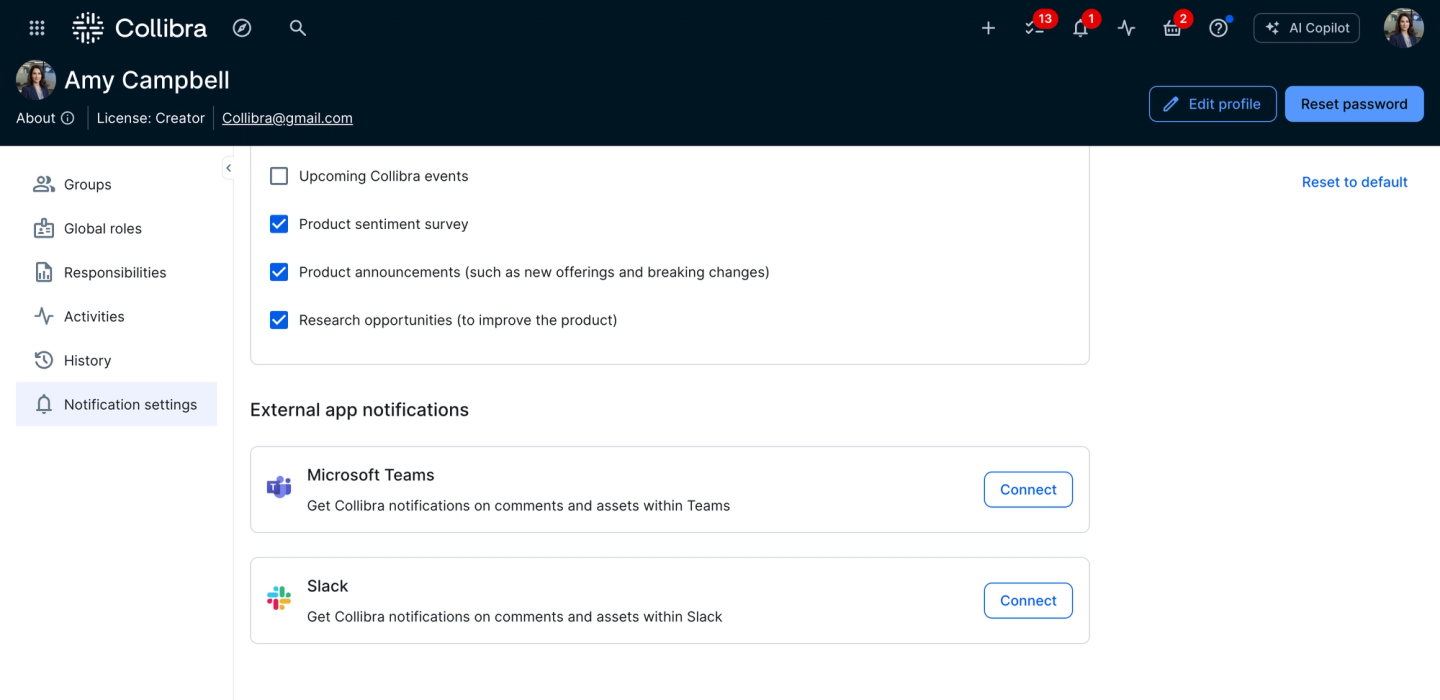 Receive real-time notifications in Microsoft Teams by connecting the application within Notification Settings.