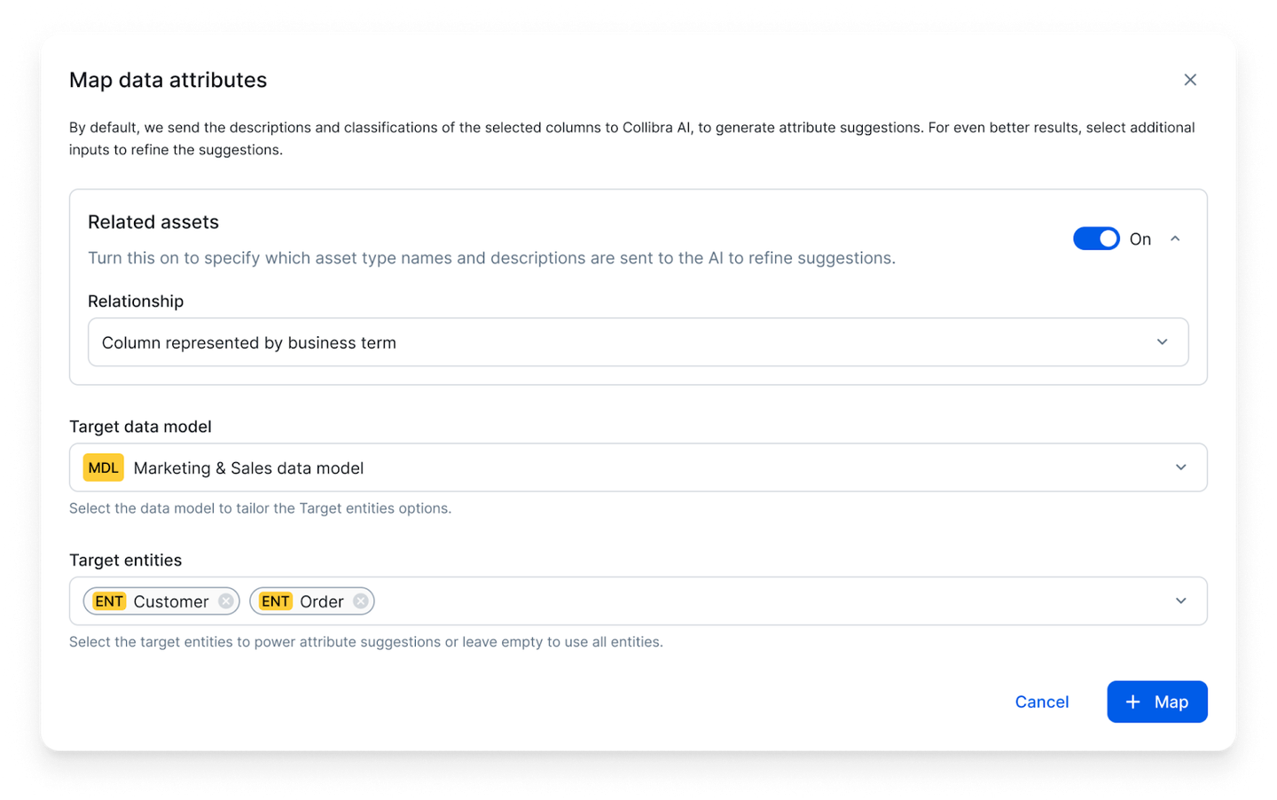 End result of semantic mapping process displaying physical columns mapped to data attributes