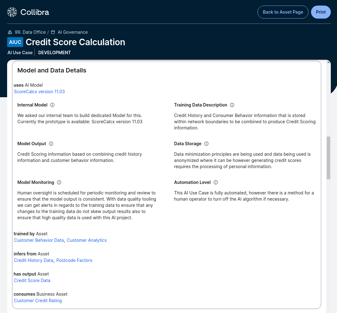 AI use cases in Collibra include business friendly descriptions of required models, inputs, training datasets, inference datasets, storage and more.