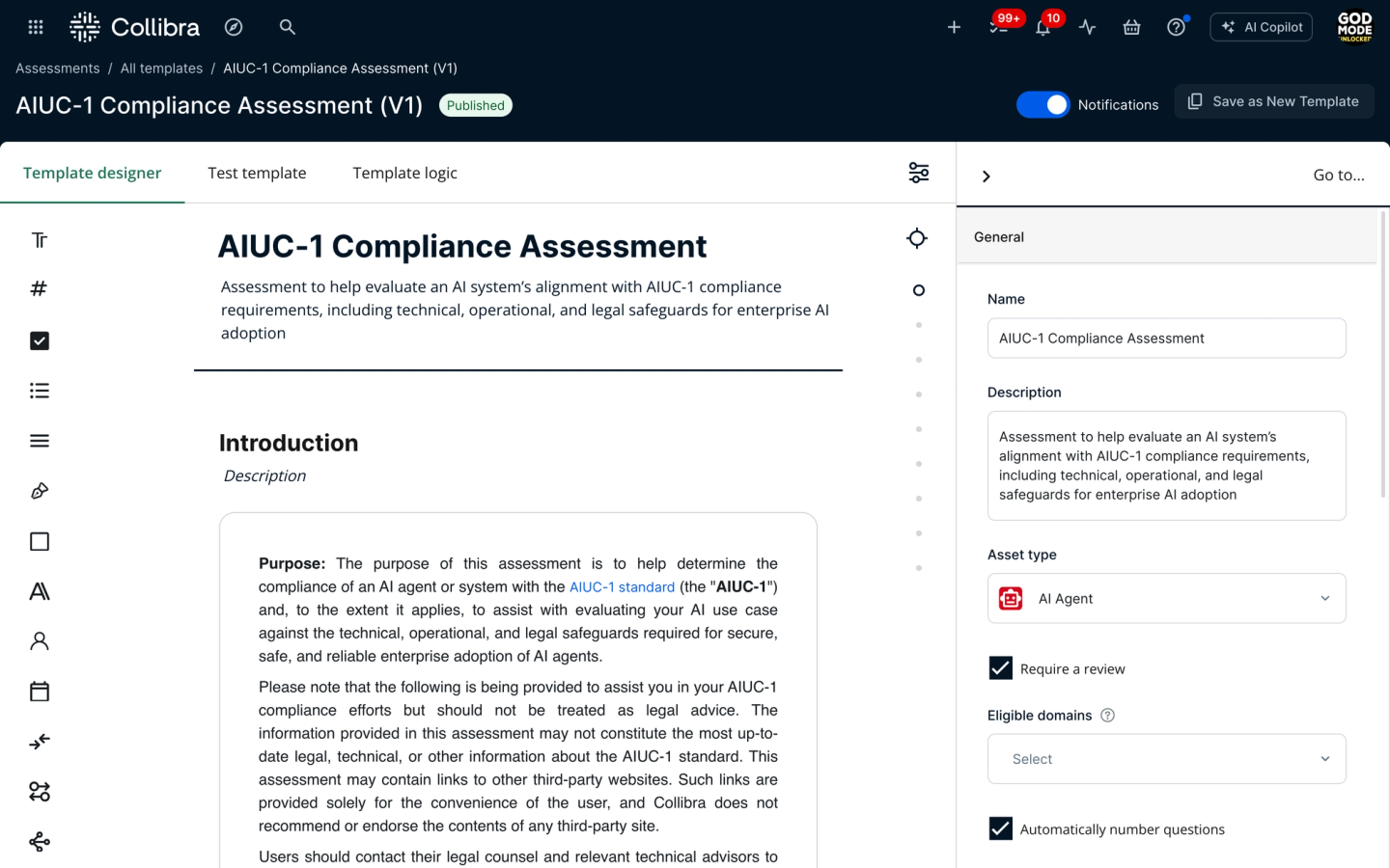 Out-of-the-box AIUC-1 assessment inside Collibra AI Governance — guided control questions, evidence capture and review workflow tied to each AI system in the catalog.