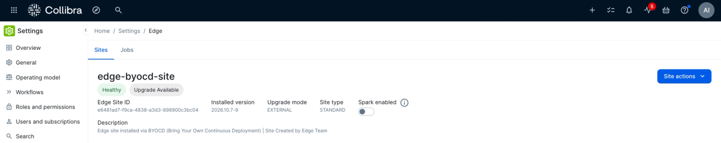 The Edge site in Collibra's Edge settings, displaying an upgrade mode of External to indicate that upgrades are managed by the customer's own continuous deployment tool.