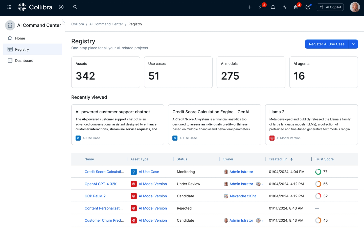 The registry provides real-time visibility into each AI asset’s trust score, enabling teams to quickly assess risk, monitor model health and prioritize governance actions.