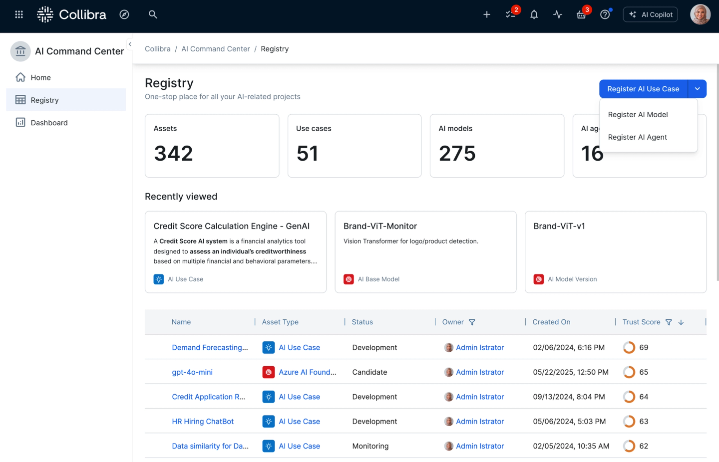 Unified AI Registry showing a centralized inventory of AI use cases, models, and agents with lifecycle status, ownership information and trust metrics.