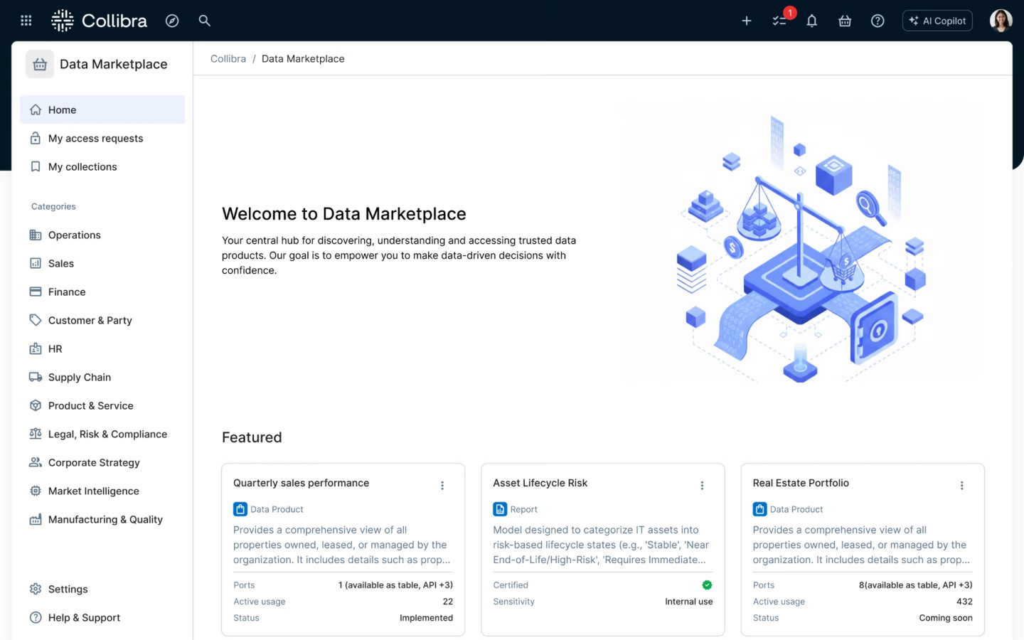 Explore data faster with the new Marketplace landing page, featuring intuitive business categories and highlighted data products for easy discovery.