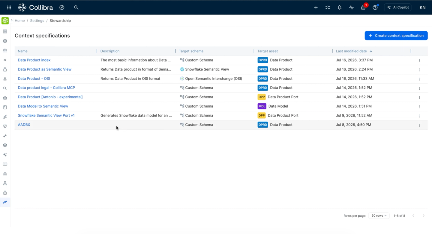 Teams can manage their pre-configured context specifications, mapping core assets to out-of-the-box or custom target schemas.