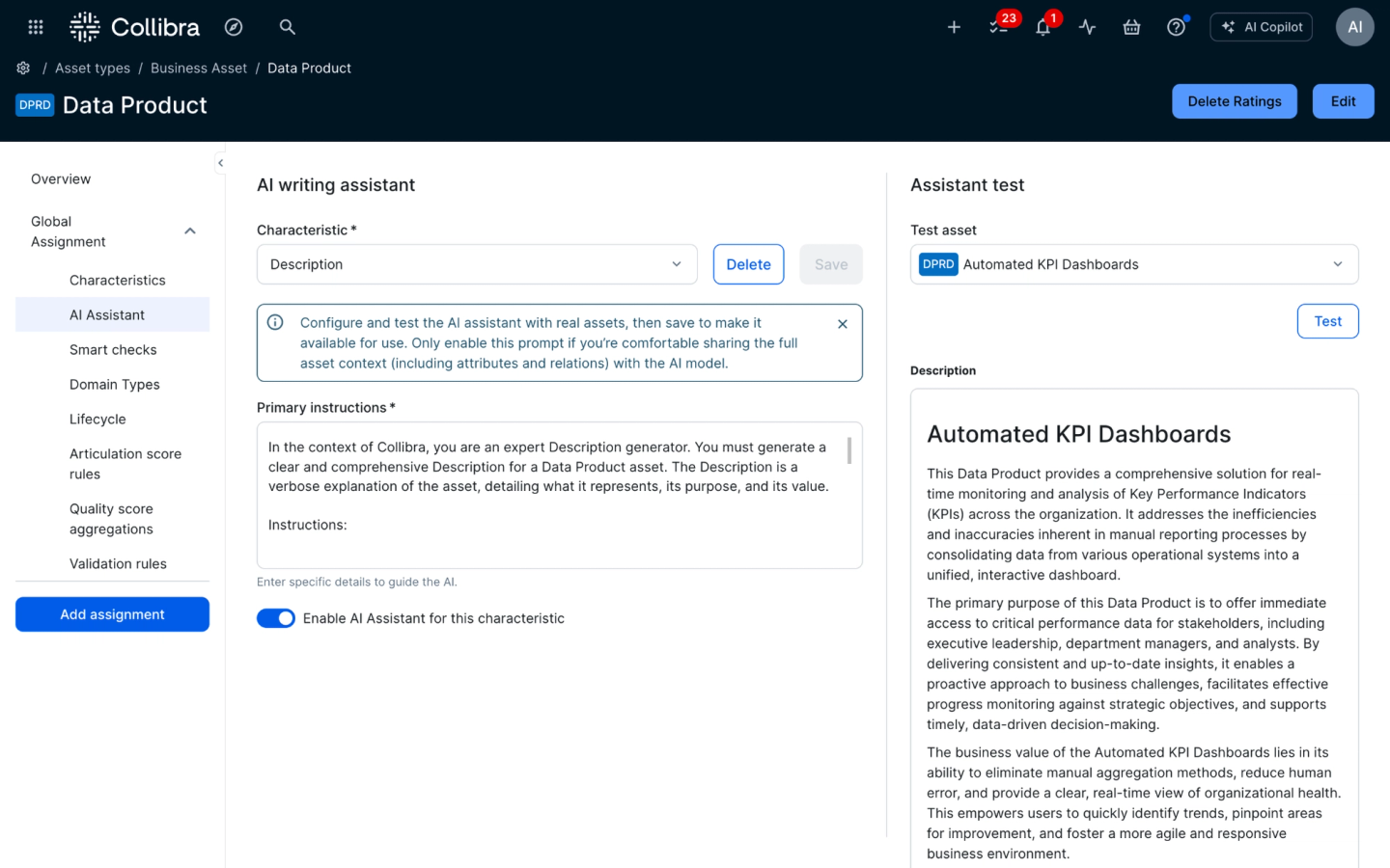 Teams can configure the AI writing assistant by setting up primary prompt guidelines, selecting target characteristics and testing text generation accuracy using actual assets before deployment.