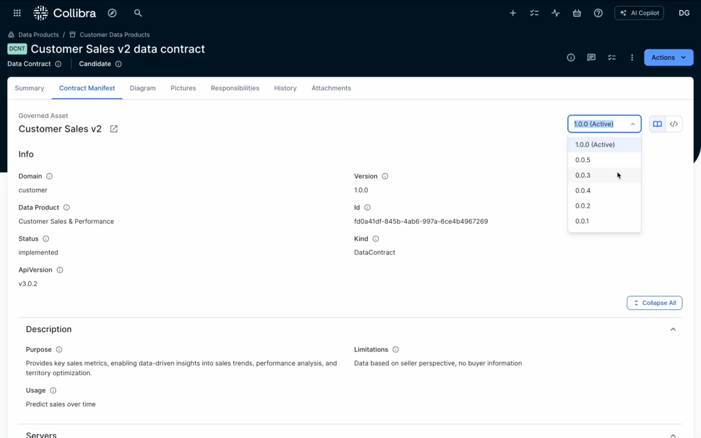 View data contract details, contents and version history within the “Contract Manifest” tab of the data contract asset page.