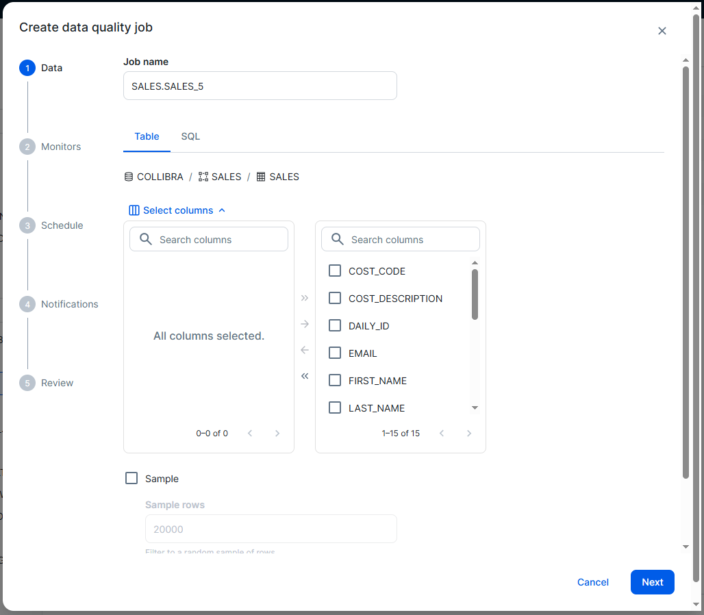 There are five quick steps to setup a data quality job
