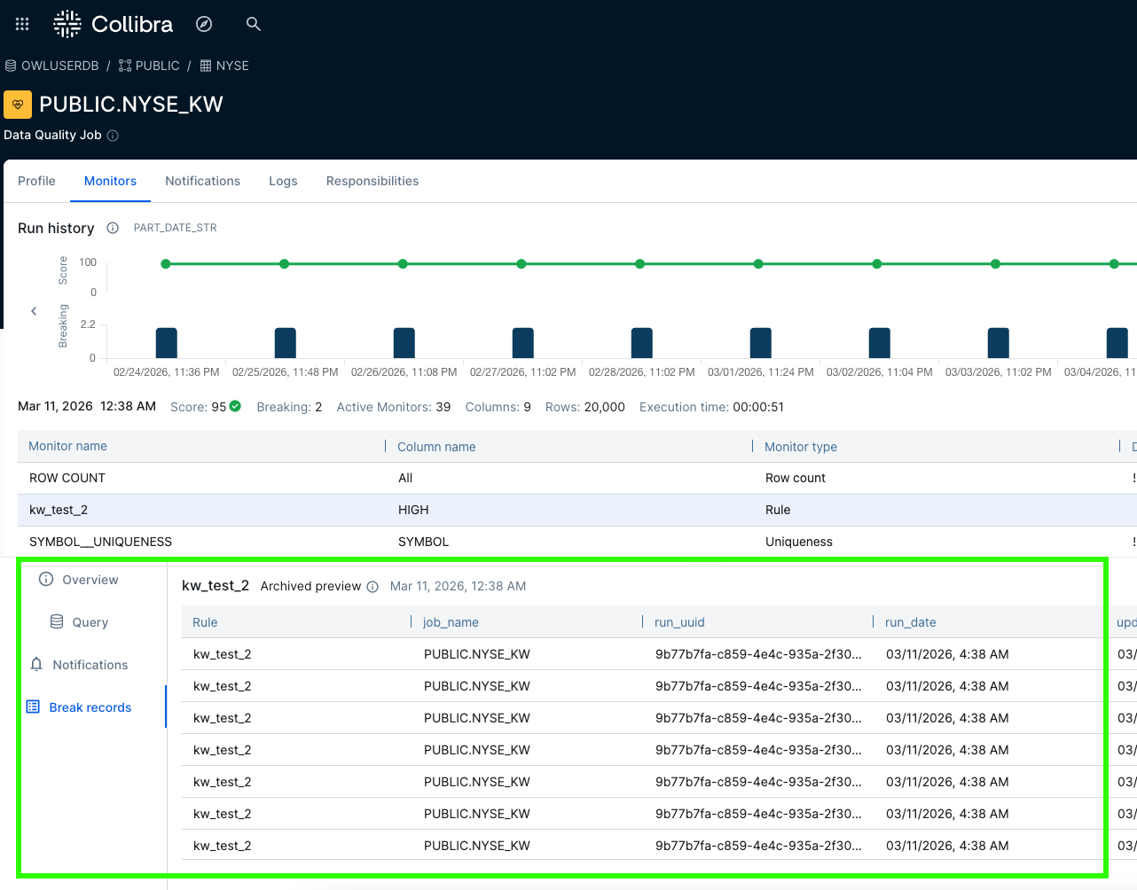 Break records visible within the application