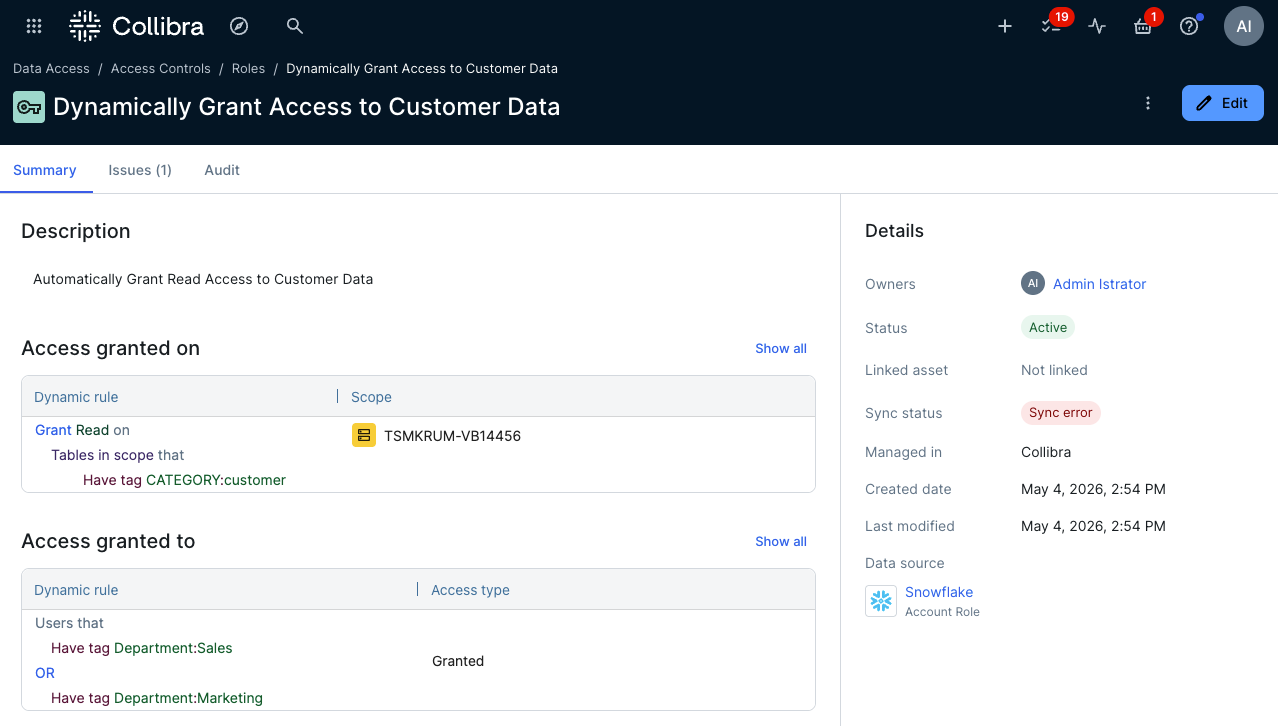 One rule, no tickets: read access to customer data follows users in Sales and Marketing automatically, enforced directly in Snowflake.