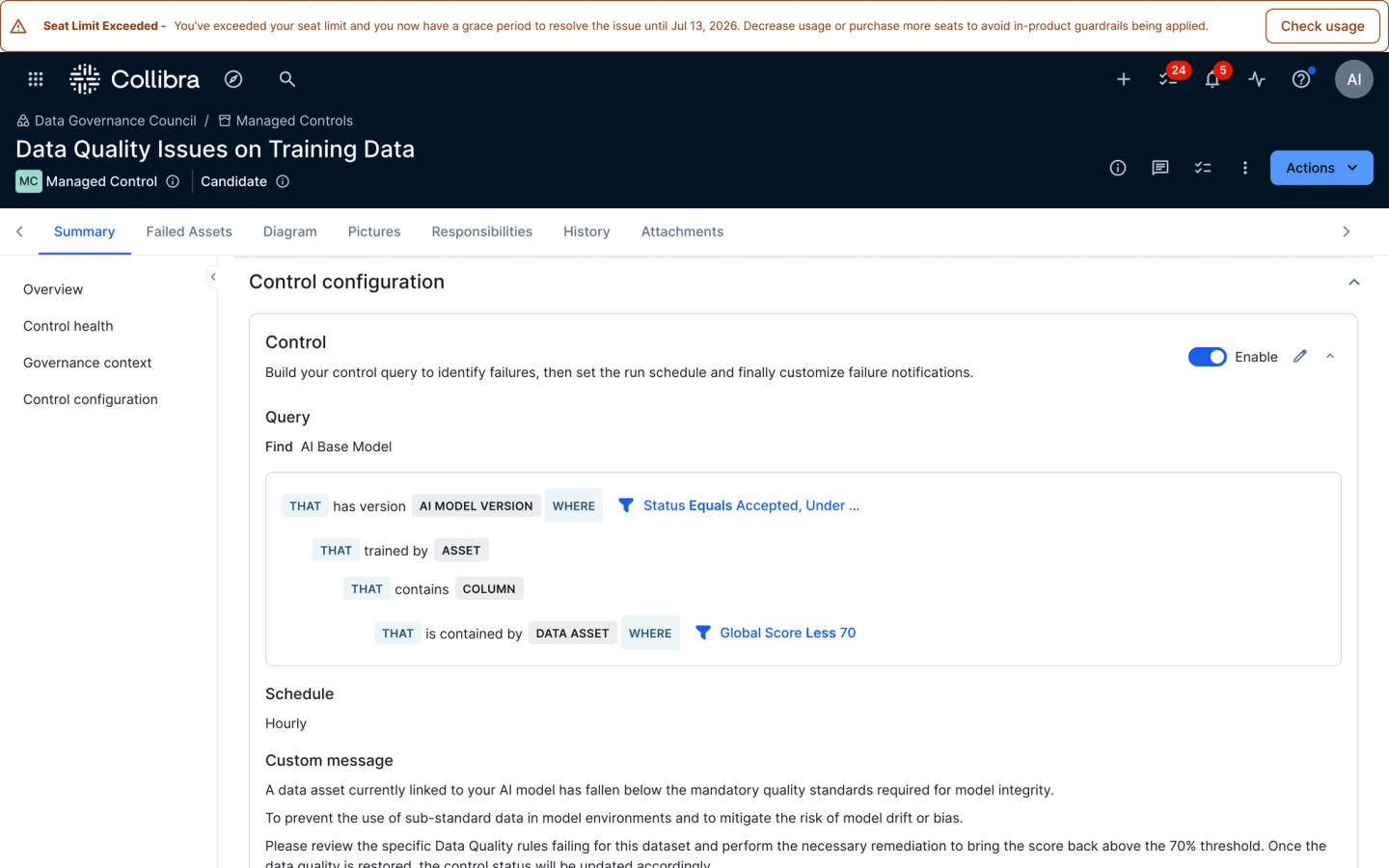 Data Quality Issues on Training Data" control runs hourly and flags any data asset linked to an accepted AI model whose quality Global Score drops below 70, notifying owners before the issue degrades the model.
