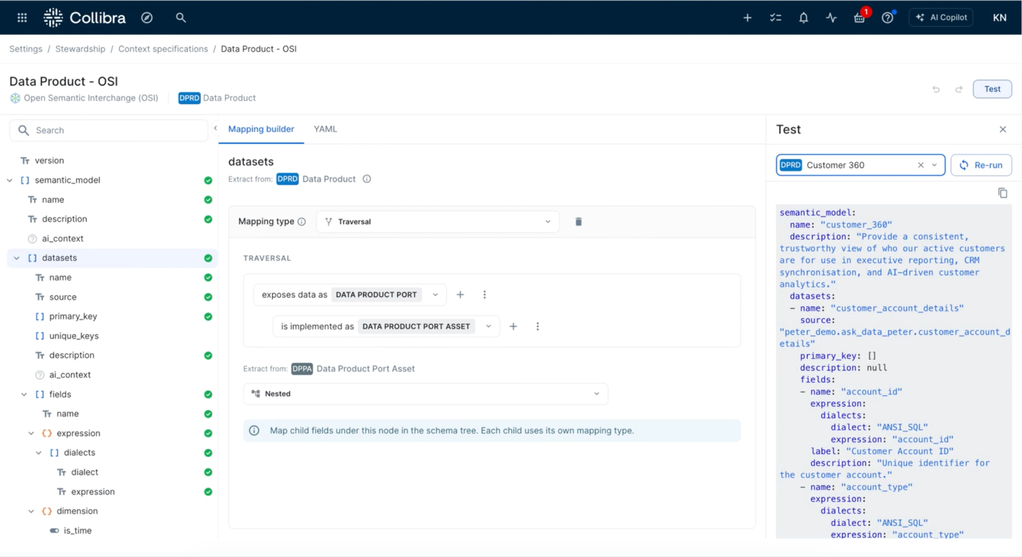 Inside the no-code visual UI, users can map relationships and Knowledge Graph traversals while instantly testing and validating the resulting YAML output on the right.