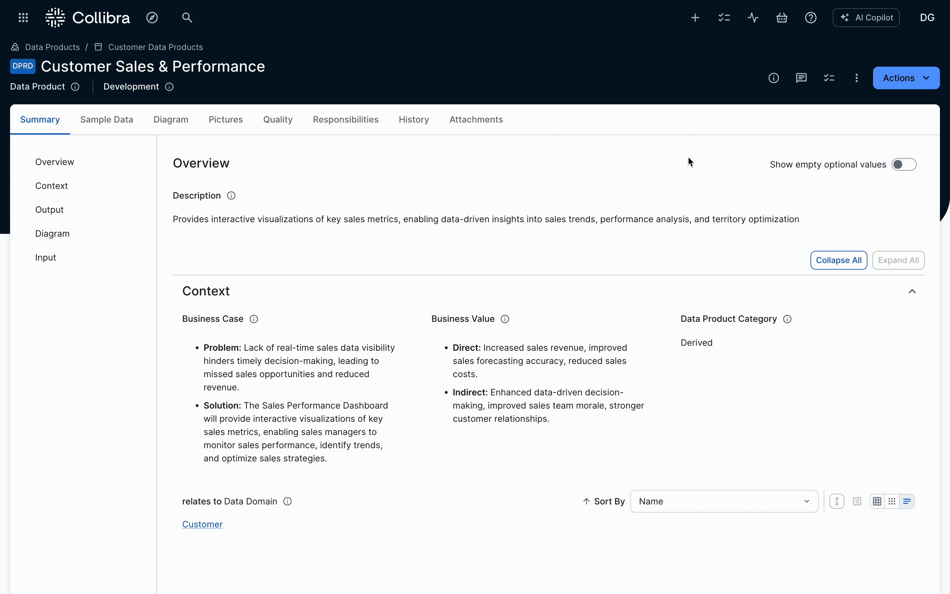 After uploading a data contract, users can navigate directly to the relevant data product, where the output ports viewer provides a clear view of the different ports and their respective data contracts. For a closer look, clicking “Preview Data Contract” opens a new panel, allowing users to view the manifest content without having to leave the data product asset page.


