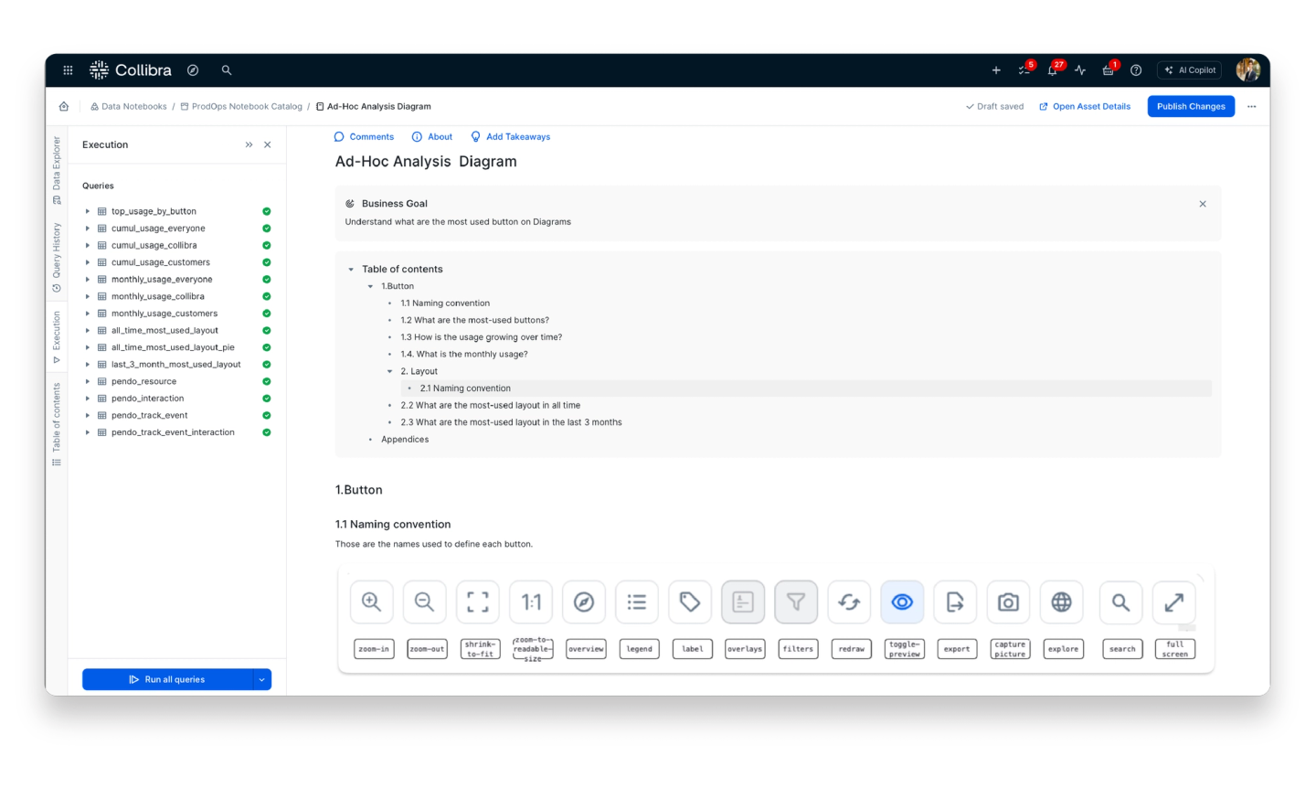 A query and chart showing the most used diagram buttons by internal and external users
