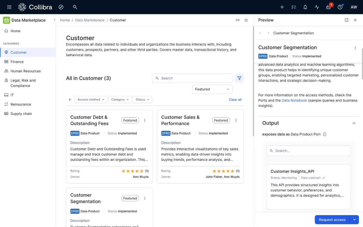 Request access to data products directly in the marketplace, turning discovery into action without ever leaving the page.