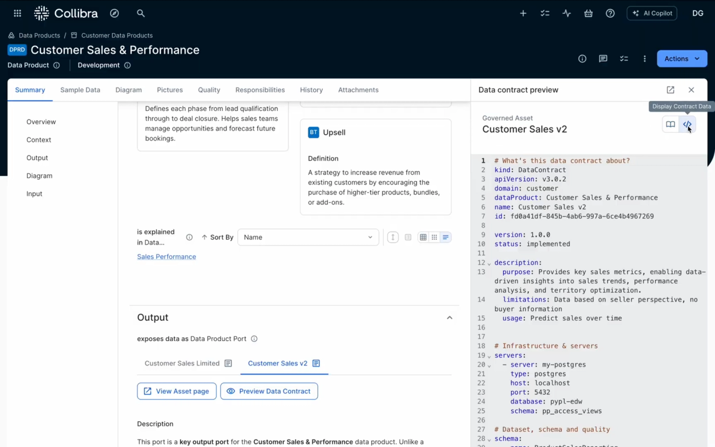 Clicking “Preview Data Contract” on the data product asset page launches an inline panel that displays the data contract contents for easy, in-context review.