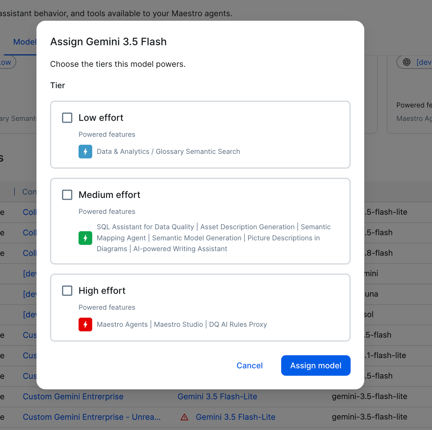 The tier-mapping view showing collibra/low, collibra/medium and collibra/high resolving to the customer's active Google Gemini Enterprise models.