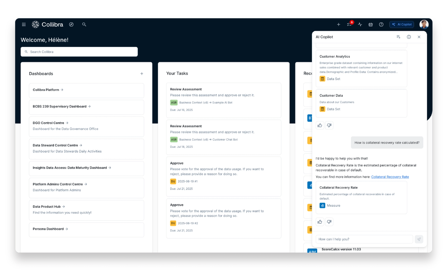 User interacting with Collibra AI Copilot from the platform’s homepage interface