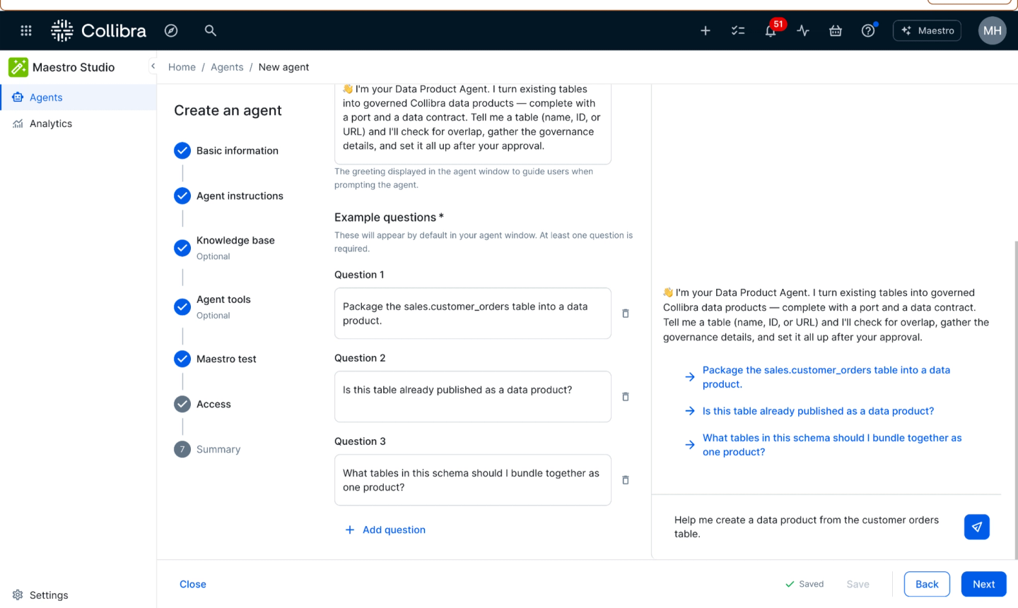 Configuring a data product builder agent in Maestro Studio, including setting basic information, instructions, and default example questions, with a live test preview panel on the right.