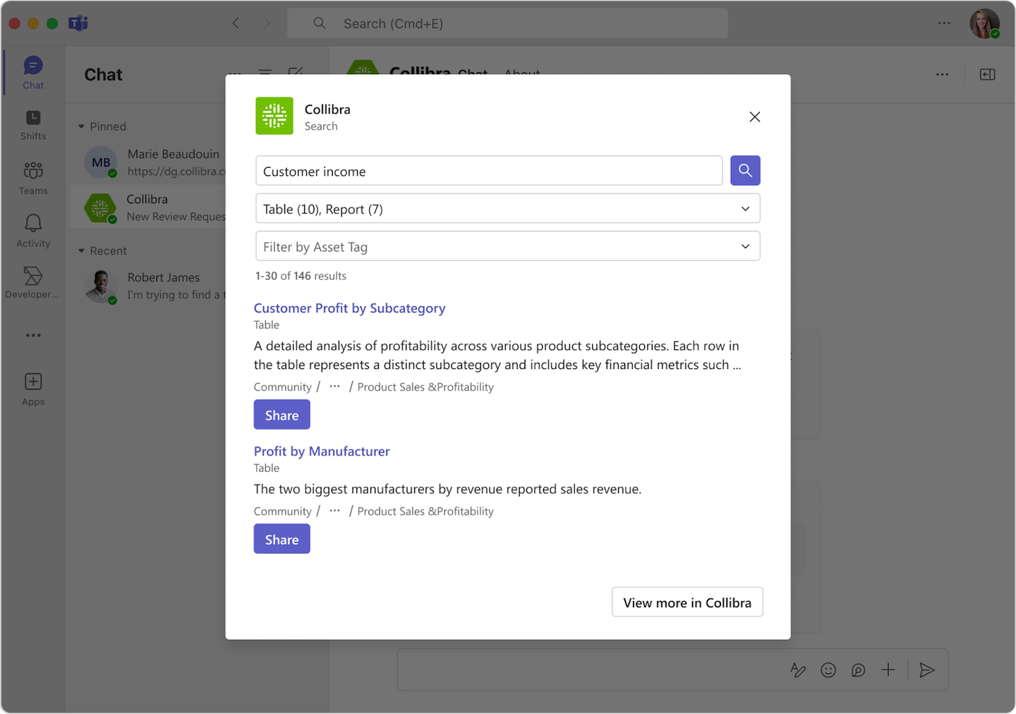 Search for data assets directly within Microsoft Teams interface