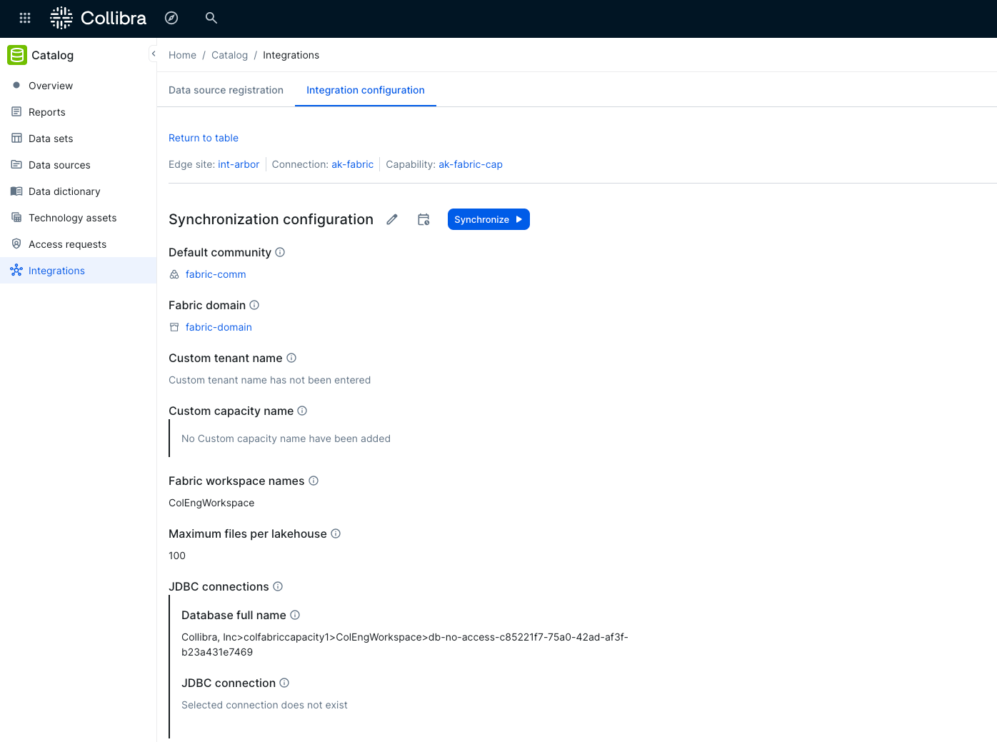 Configure synchronization settings for Microsoft Fabric integration directly in Collibra's Catalog.