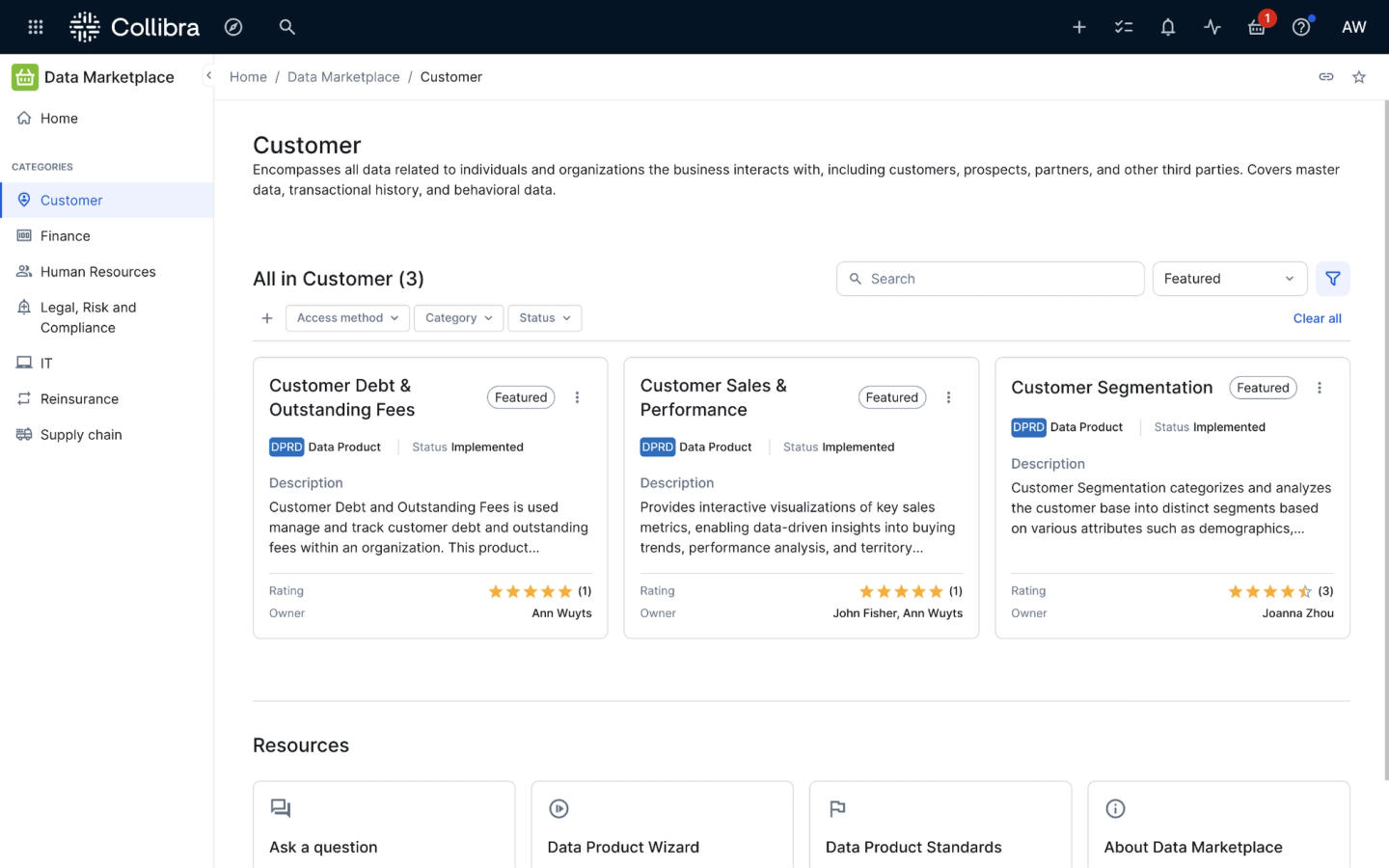 Cut the search time by browsing curated data through business categories that map to your domains, like Customer.